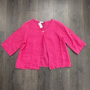 Linen Pink Cardigan Made In Italy Sz L/XL Roll Tab Sleeve Preppy Feminine Resort